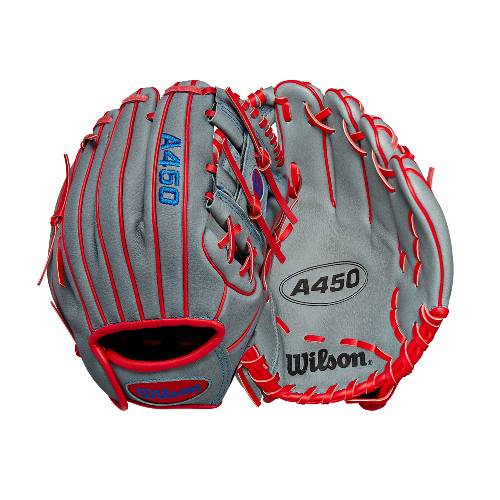 The Wilson A450 10.75" Baseball Glove (WBW1014711075) by Wilson is shown front and back on a white background, highlighting its gray color, red lacing, blue accents, and a quick-fit wrist design for youth infielders.