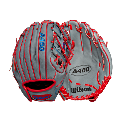 The Wilson A450 10.75" Baseball Glove (WBW1014711075) by Wilson is shown front and back on a white background, highlighting its gray color, red lacing, blue accents, and a quick-fit wrist design for youth infielders.