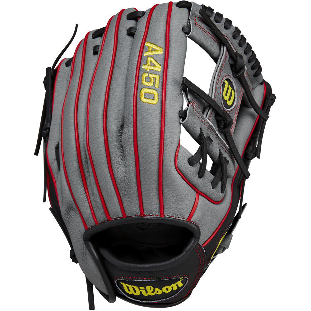 The Wilson A450 11.5" Baseball Glove (WBW101474115) features a gray design with red piping, black lacing, yellow branding, and top-grain leather—perfect as a youth infield glove.