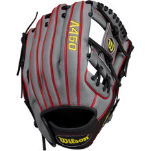 The Wilson A450 11.5" Baseball Glove (WBW101474115) features a gray design with red piping, black lacing, yellow branding, and top-grain leather—perfect as a youth infield glove.