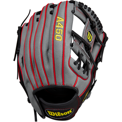 The Wilson A450 11.5" Baseball Glove (WBW101474115) features a gray design with red piping, black lacing, yellow branding, and top-grain leather—perfect as a youth infield glove.