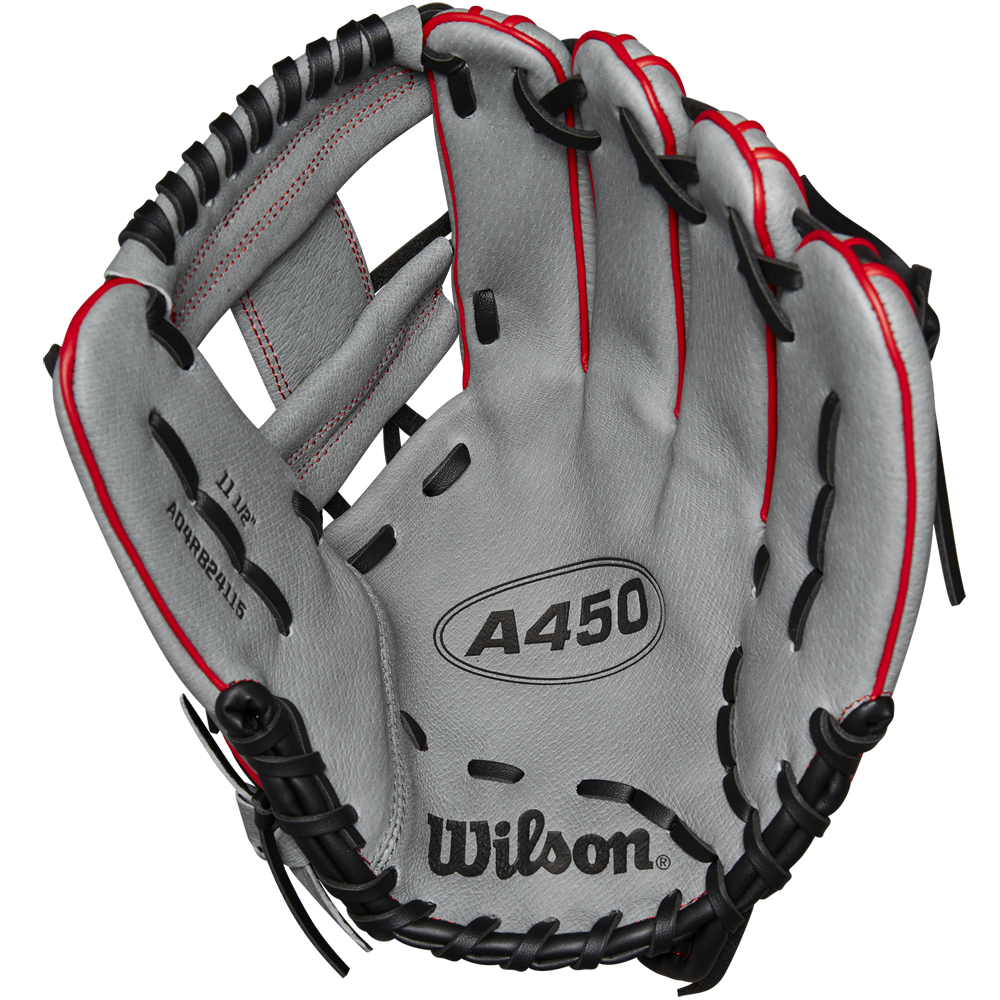 The Wilson A450 11.5" Baseball Glove (WBW101474115) features a gray design with black laces and red accents, plus top grain leather for quality and durability—ideal for young players seeking a reliable infield glove.