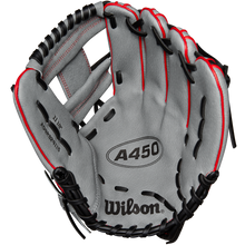 The Wilson A450 11.5" Baseball Glove (WBW101474115) features a gray design with black laces and red accents, plus top grain leather for quality and durability—ideal for young players seeking a reliable infield glove.