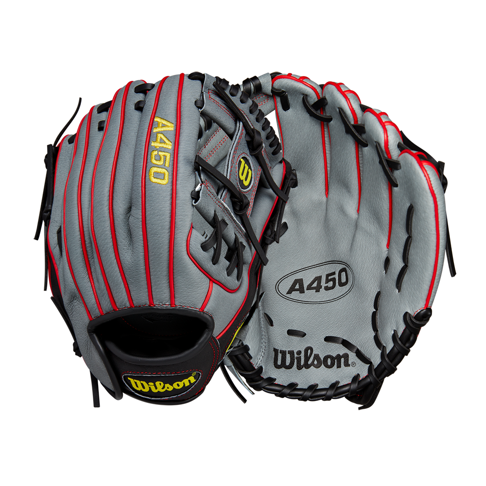 Two gray Wilson A450 11.5" Baseball Gloves (WBW101474115) with red stitching and black laces are shown—one displaying the palm with the Wilson logo, the other showing the back with A450 and Wilson labels—ideal for youth infield play.