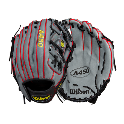Two gray Wilson A450 11.5" Baseball Gloves (WBW101474115) with red stitching and black laces are shown—one displaying the palm with the Wilson logo, the other showing the back with A450 and Wilson labels—ideal for youth infield play.