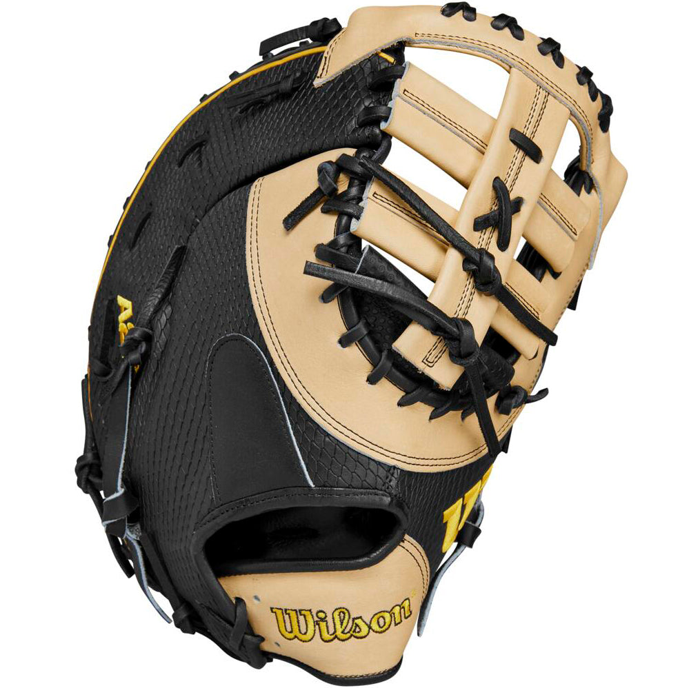 The Wilson A2K JAB79 12.5" Jose Abreu GM Baseball First Base Mitt features tan and black Pro Stock Select leather, black laces, and a yellow embroidered Wilson logo on the wrist area.