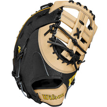 The Wilson A2K JAB79 12.5" Jose Abreu GM Baseball First Base Mitt features tan and black Pro Stock Select leather, black laces, and a yellow embroidered Wilson logo on the wrist area.