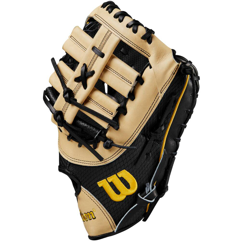 The Wilson A2K JAB79 12.5" Jose Abreu GM First Base Mitt (WBW101632125) features tan and black Pro Stock Select leather, yellow accents, a woven web, and an embroidered yellow Wilson logo for a premium look.