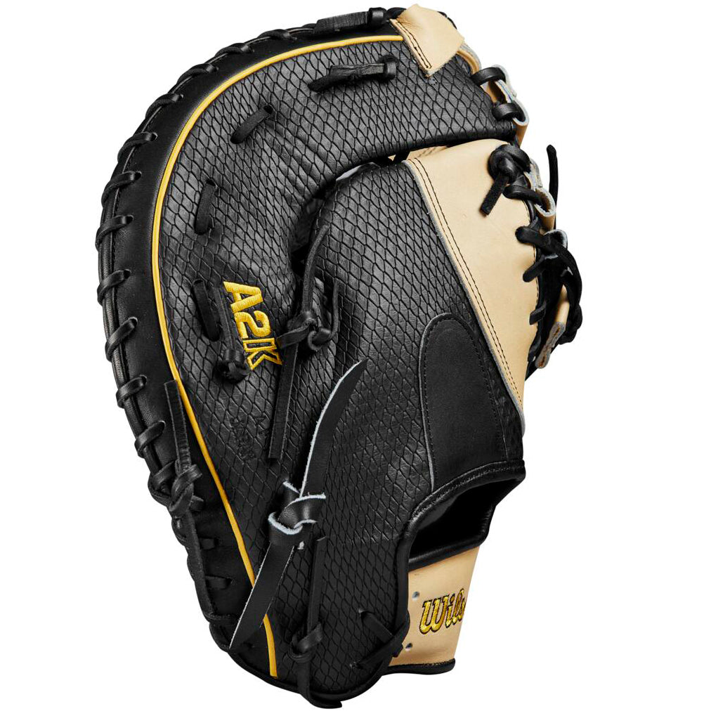 The Wilson A2K JAB79 12.5" Jose Abreu GM First Base Mitt (WBW101632125) features black and tan Pro Stock Select leather, yellow stitching, Spin Control Technology, "A2K" text on the thumb, and black laces.