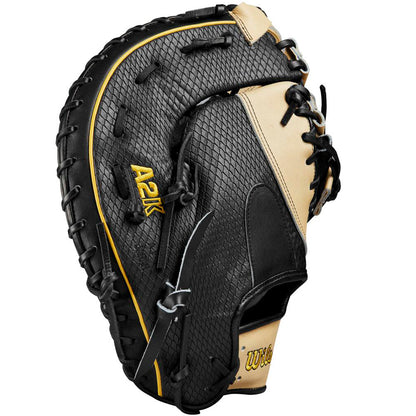 The Wilson A2K JAB79 12.5" Jose Abreu GM First Base Mitt (WBW101632125) features black and tan Pro Stock Select leather, yellow stitching, Spin Control Technology, "A2K" text on the thumb, and black laces.