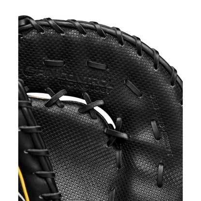 Close-up of the Wilson A2K JAB79 12.5" Jose Abreu GM First Base Mitt shows its detailed textured surface, stitching, and laces. The glove’s curve highlights Wilson’s craftsmanship and premium Pro Stock Select leather.