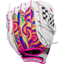 The Wilson Flash 11.5" Fastpitch Glove (WBW101640115) features a tie-dye design in pink, yellow, blue, and green with white leather accents, pink stitching, a black-and-white checkerboard web, and the Wilson logo.