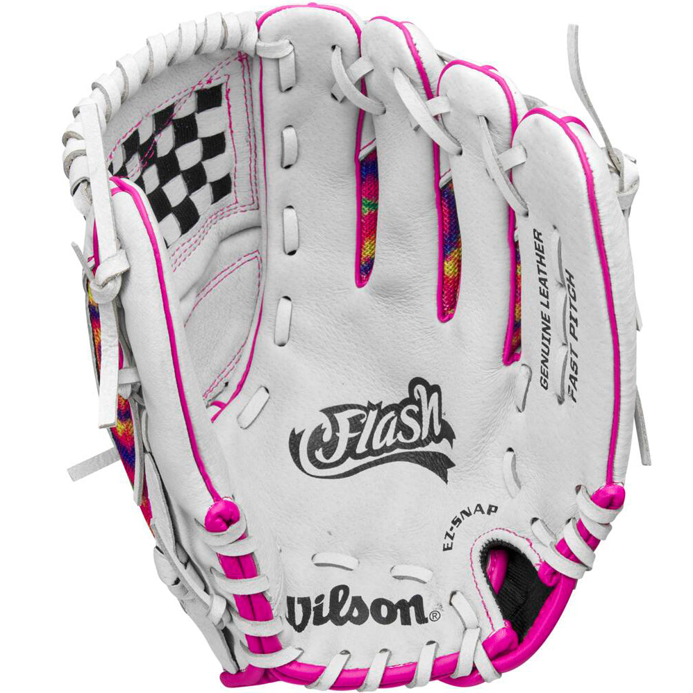 The Wilson Flash 11.5" Fastpitch Glove: WBW101640115 is a white leather infield glove featuring pink laces, colorful woven webbing, black Wilson logos, "Genuine Leather," and "Fast Pitch" marked on the palm.