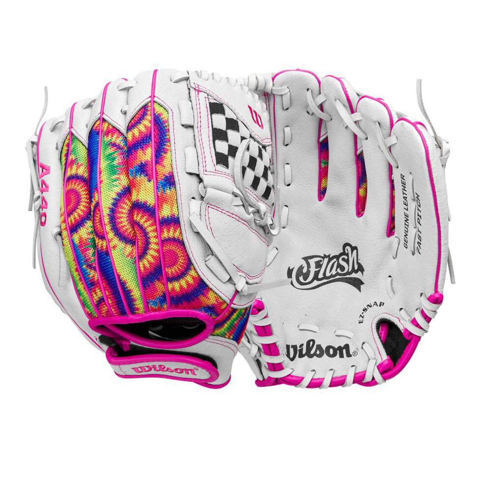 The Wilson Flash 11.5" Fastpitch Glove (WBW101640115) features a white design with pink trim, tie-dye finger patterns, and a black-and-white checkerboard web—ideal for youth softball or fastpitch infield play.