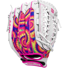 The Wilson Flash 12" Fastpitch Glove (WBW10164212) is a youth softball glove featuring a white base, bright pink trim, and vibrant tie-dye accents in yellow, red, blue, and purple—making it fun and eye-catching for young players.