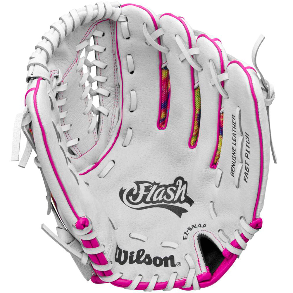 The Wilson Flash 12" Fastpitch Glove (WBW10164212) is a white youth glove with pink accents, colorful finger linings, and "Flash" and "Fast Pitch" on the palm—ideal for young softball outfielders.