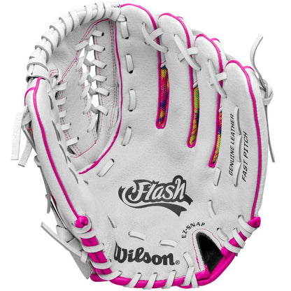 The Wilson Flash 12" Fastpitch Glove (WBW10164212) is a white youth glove with pink accents, colorful finger linings, and "Flash" and "Fast Pitch" on the palm—ideal for young softball outfielders.