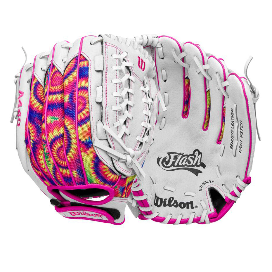 The Wilson Flash 12" Fastpitch Glove (WBW10164212) is a white youth softball glove with bright pink accents and tie-dye detailing, featuring “Flash” and “Wilson” printed on the palm—perfect for young players.