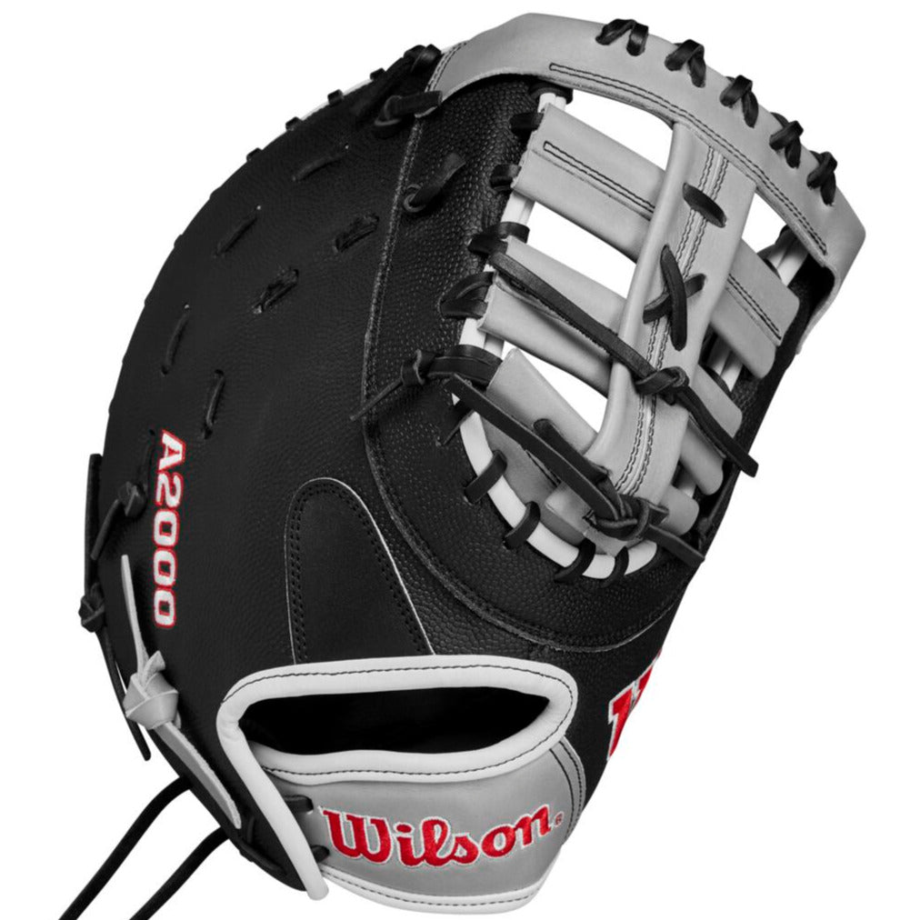 The Wilson A2000 1620SS 12.5" SuperSkin Fastpitch First Base Mitt (WBW101644125) combines black and grey Pro Stock leather with SuperSkin for elite first base performance.