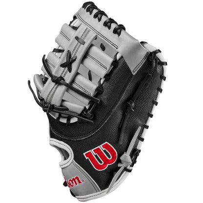 The Wilson A2000 1620SS 12.5" Fastpitch First Base Mitt, featuring black and gray Pro Stock leather with black laces, red W logo, and SuperSkin, is displayed upright against a white background.