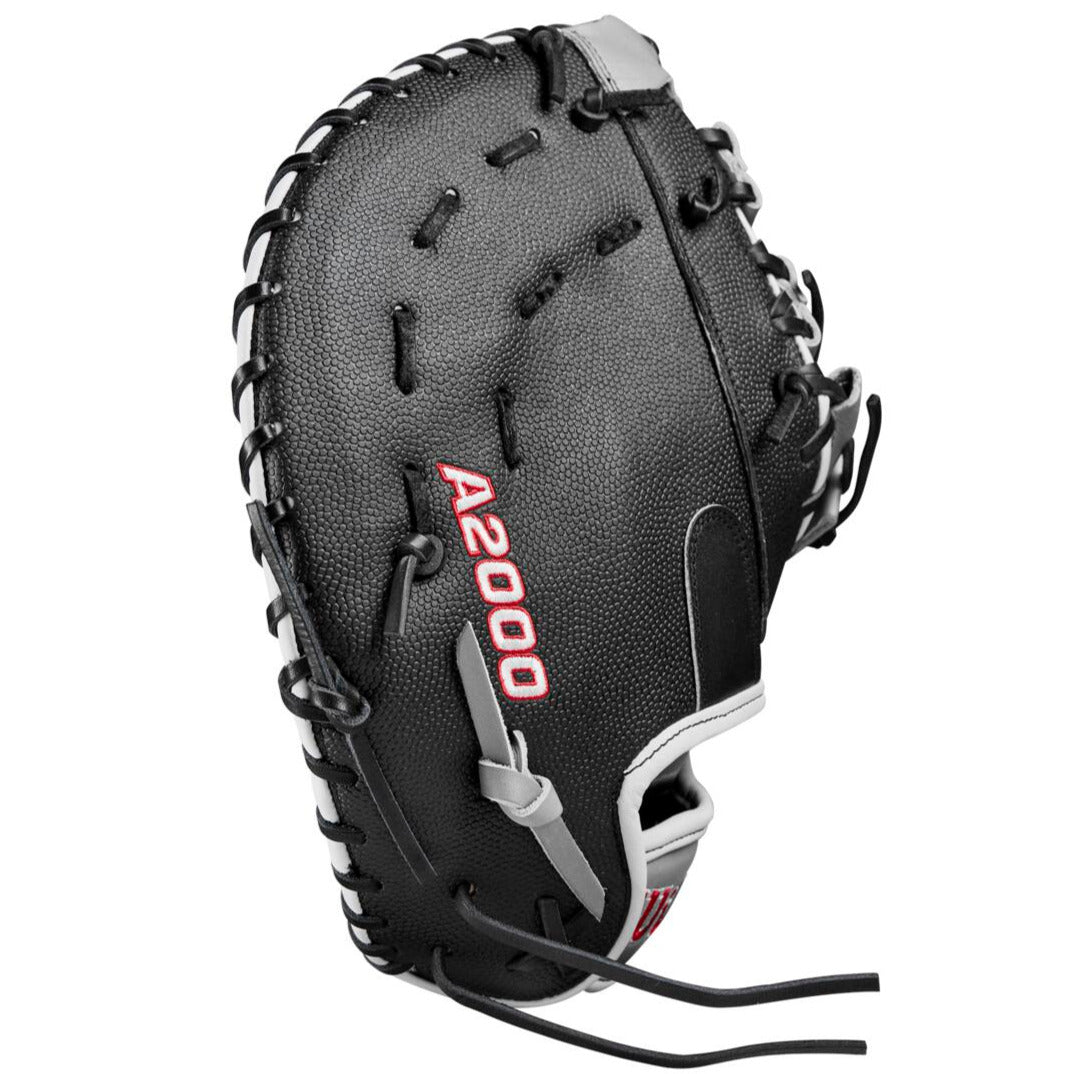 The Wilson A2000 1620SS 12.5" SuperSkin Fastpitch First Base Mitt (WBW101644125) features durable Pro Stock leather, black lacing, white accents, and bold red and white A2000 branding on the palm.