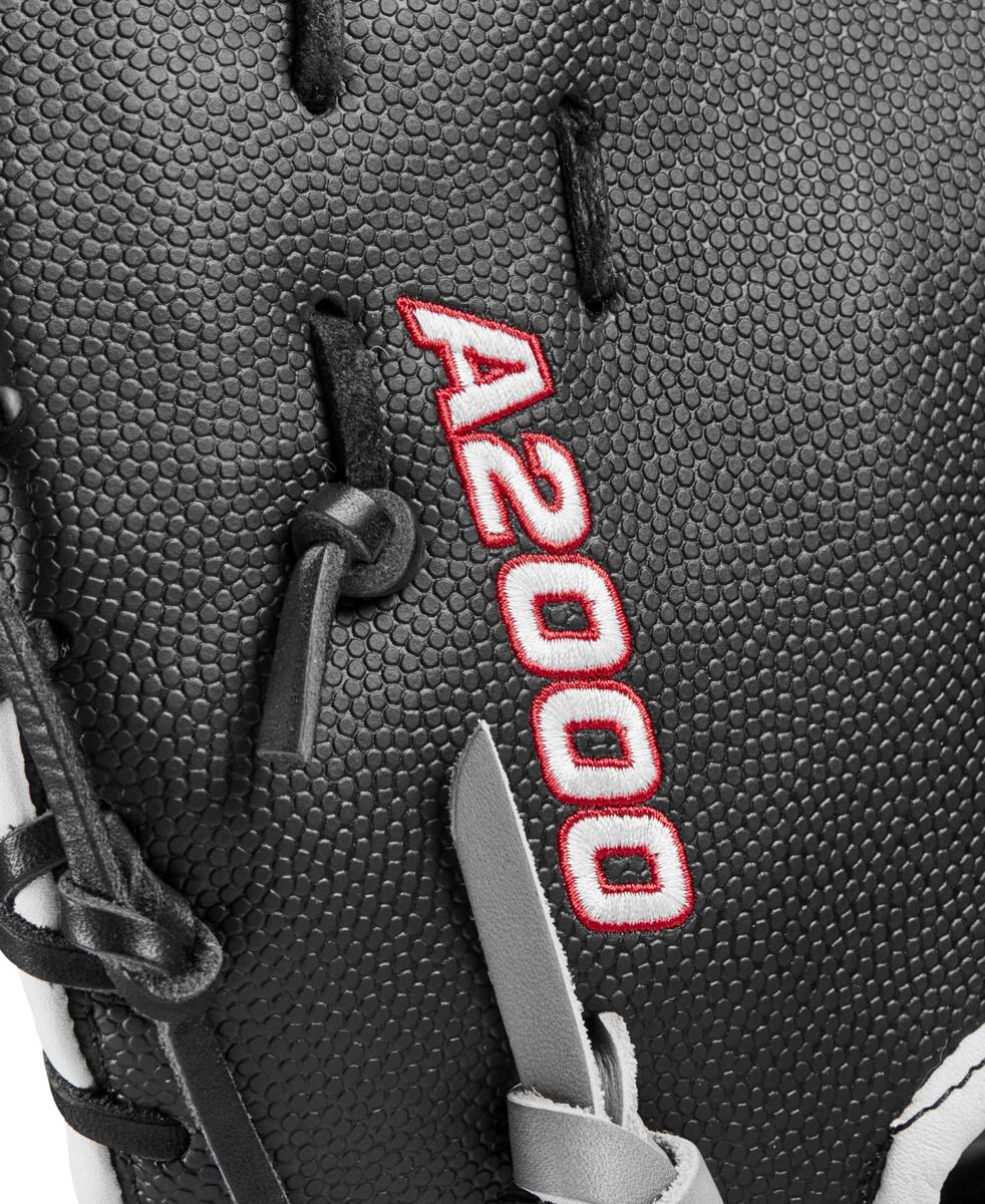 Close-up of a Wilson A2000 1620SS 12.5" SuperSkin Fastpitch First Base Mitt (WBW101644125) in black Pro Stock leather with white and gray laces, textured surface, and red and white embroidered A2000 logo.