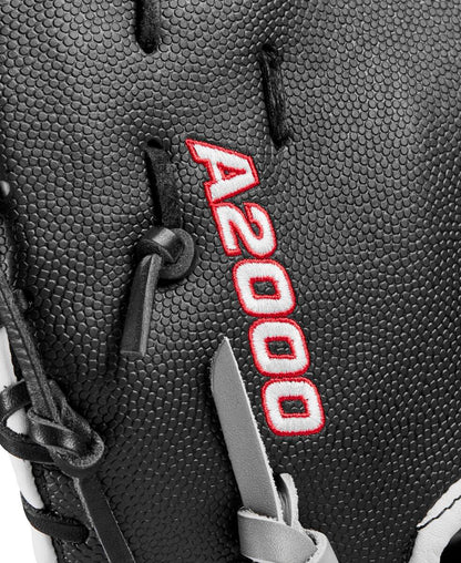 Close-up of a Wilson A2000 1620SS 12.5" SuperSkin Fastpitch First Base Mitt (WBW101644125) in black Pro Stock leather with white and gray laces, textured surface, and red and white embroidered A2000 logo.