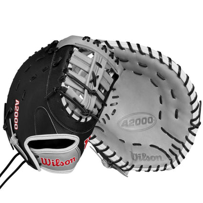 A Wilson A2000 1620SS 12.5" SuperSkin Fastpitch First Base Mitt is shown in black and gray, displaying palm and back sides. The mitt is crafted with Pro Stock leather, features visible laces, the Wilson logo, and red A2000 text.