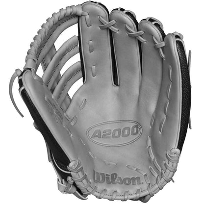 The Wilson A2000 SP13SS 13" SuperSkin Slowpitch Glove (WBW10164613) features a gray design with black accents, Pro Stock leather, and detailed stitching for superior quality; inside palm area is visible.