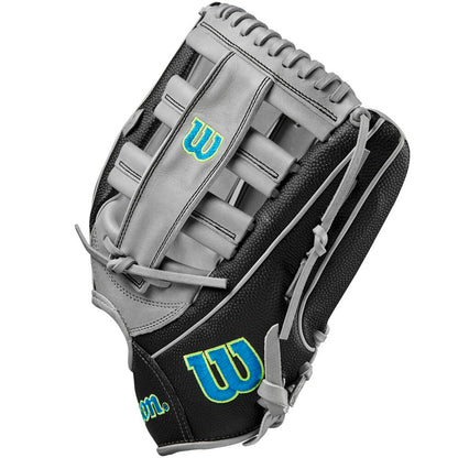 The Wilson A2000 SP13SS 13" SuperSkin Slowpitch Glove (WBW10164613) features a black and gray design with blue and yellow Wilson logos, light gray laces, and durable Pro Stock leather for top performance.