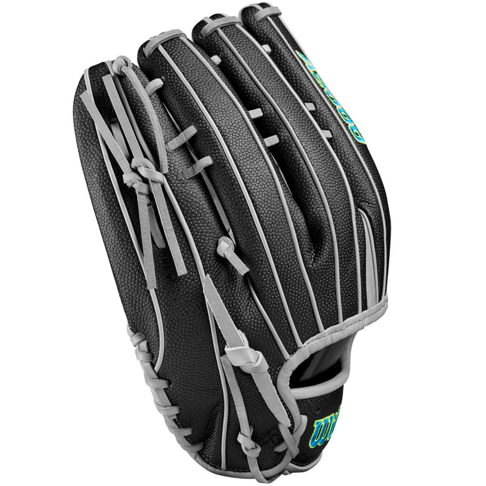 The Wilson A2000 SP13SS 13" SuperSkin Slowpitch Glove (WBW10164613) is a black glove with gray laces and accents, Pro Stock leather, open web design, visible stitching, and premium SuperSkin by Wilson.