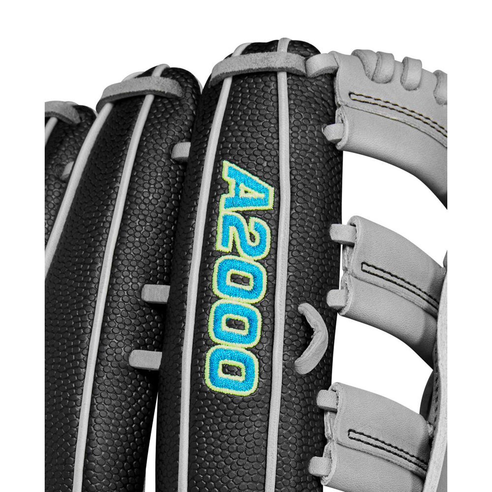 Close-up of the Wilson A2000 SP13SS 13" SuperSkin Slowpitch Glove (WBW10164613) in black and gray, crafted with Pro Stock leather, featuring textured leather, SuperSkin accents, white lacing, and blue and yellow A2000 stitching.
