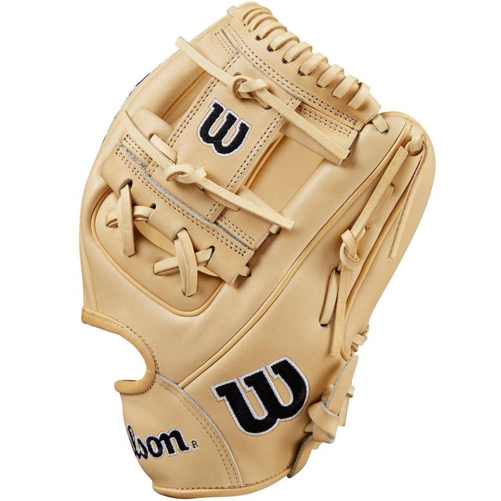 The Wilson A2000 1786 11.5" Baseball Glove (WBW102072115) features tan Pro Stock leather, black and white W logos, visible laces, and detailed stitching, expertly crafted for durability and shown upright to display its pocket and back side.
