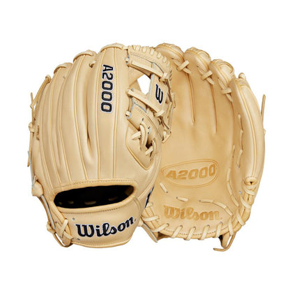 A pair of tan Wilson A2000 1786 11.5" baseball gloves (WBW102072115) made from Pro Stock leather—one showing the palm, the other the back with visible laces and "A2000" printed in black on the glove.
