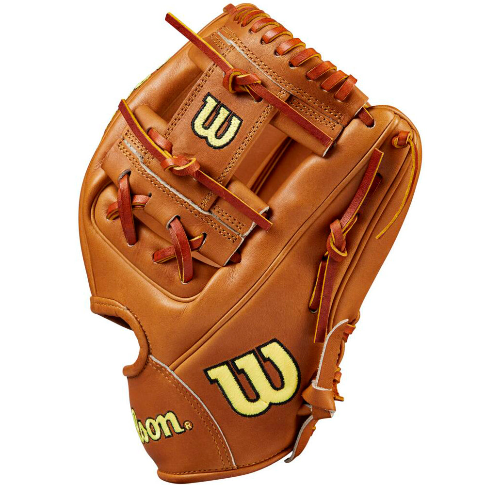 The Wilson A2000 1786 11.5" Baseball Glove (WBW102073115) features tan Pro Stock leather, red laces, and yellow W logos on the back and thumb, displayed against a white background.