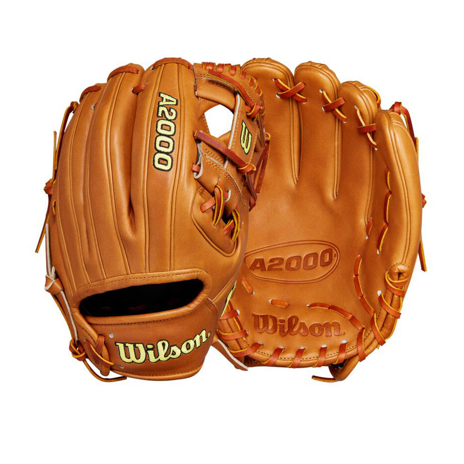 A pair of Wilson A2000 1786 11.5" baseball gloves (WBW102073115) in brown, displaying both front and back with detailed stitching and embossed Wilson logos, expertly crafted from premium Pro Stock leather.