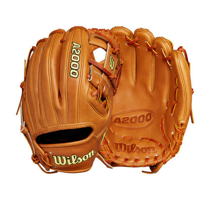 A pair of Wilson A2000 1786 11.5" baseball gloves (WBW102073115) in brown, displaying both front and back with detailed stitching and embossed Wilson logos, expertly crafted from premium Pro Stock leather.
