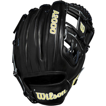 The Wilson A2000 1975 11.75" Baseball Glove (WBW1020741175) features black Pro Stock leather, yellow stitching, and displays the Wilson brand and A2000 model on the back.
