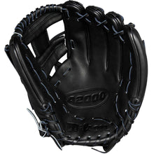 A Wilson A2000 1975 11.75" Baseball Glove (WBW1020741175) in black leather with blue stitching is shown from the palm side, highlighting Pro Stock leather, the Wilson brand name, and detailed webbing.