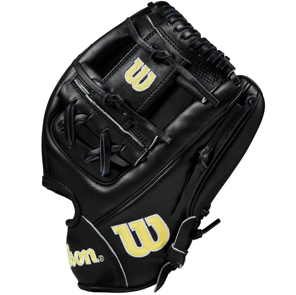 A Wilson A2000 1975 11.75" infield baseball glove (model WBW1020741175) featuring a black design with yellow lettering.