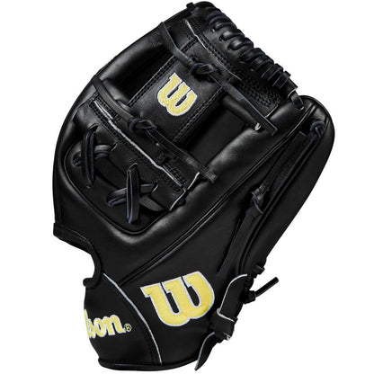 A Wilson A2000 1975 11.75" infield baseball glove (model WBW1020741175) featuring a black design with yellow lettering.