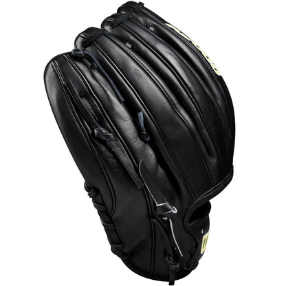 A Wilson A2000 1975 11.75" black Pro Stock leather infield glove (WBW1020741175) with visible stitching and laces, shown at an angle highlighting the back and side, by Wilson.