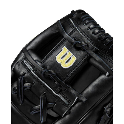 Close-up of the Wilson A2000 1975 11.75" Baseball Glove (WBW1020741175), featuring black Pro Stock leather, black laces, and a yellow Wilson W logo stitched on a leather patch.