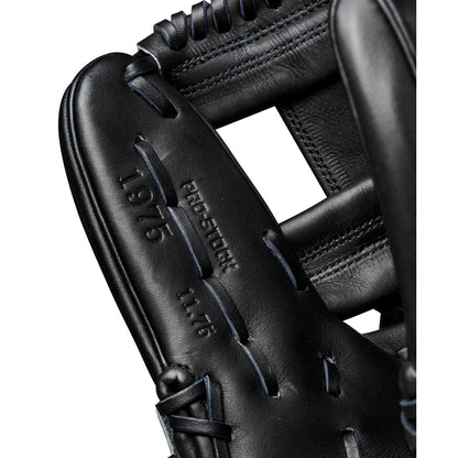Close-up of the Wilson A2000 1975 11.75" Baseball Glove (WBW1020741175) by Wilson, featuring Pro Stock leather, detailed stitching, embossed model text, visible laces, and an open web design.