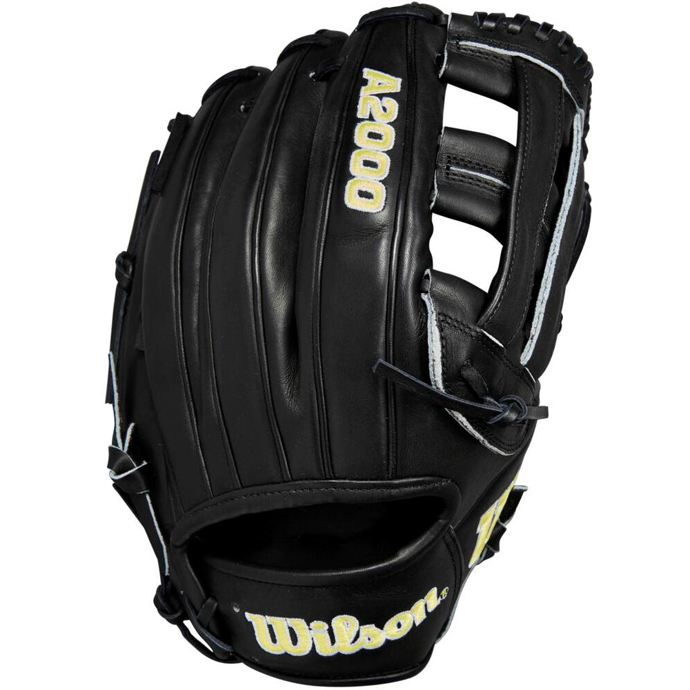The Wilson A2000 DW5 12" Baseball Glove (WBW10207712) is a black infield glove with yellow and white lettering, crafted from Pro Stock leather, Dual Post Web design, and visible stitching.