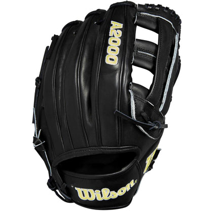 The Wilson A2000 DW5 12" Baseball Glove (WBW10207712) is a black infield glove with yellow and white lettering, crafted from Pro Stock leather, Dual Post Web design, and visible stitching.