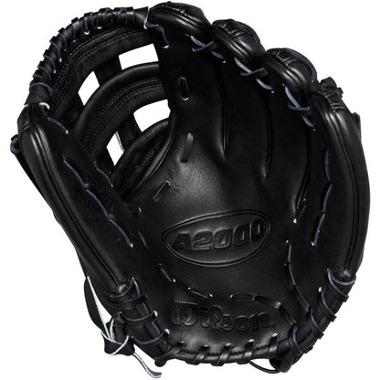 The Wilson A2000 DW5 12" Baseball Glove (WBW10207712) features black Pro Stock leather, visible stitching, embossed palm branding, and a Dual Post Web design, shown with the inside of the open glove.