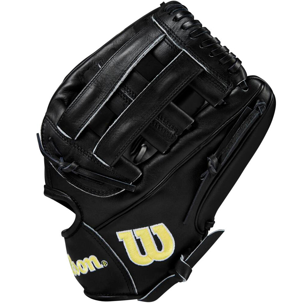 The Wilson A2000 DW5 12" Baseball Glove (WBW10207712) features black Pro Stock leather, black laces, a durable Dual Post Web design, and a yellow and white Wilson "W" logo embroidered near the thumb.