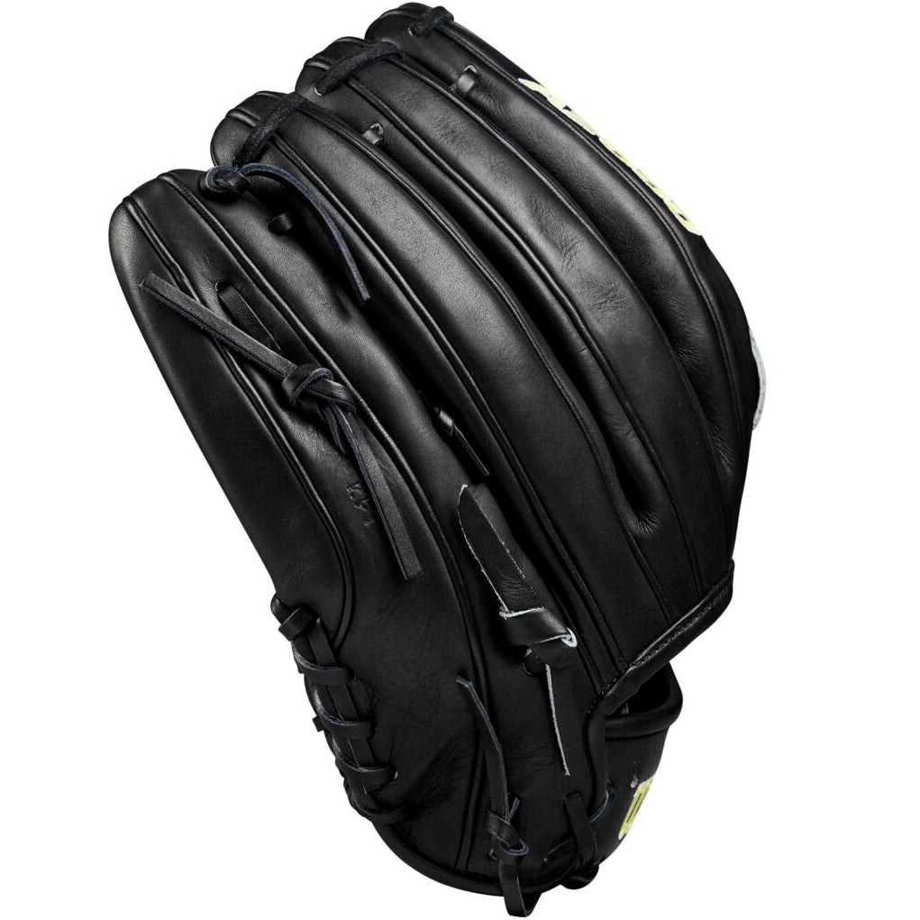 The Wilson A2000 DW5 12" Baseball Glove (WBW10207712) is shown upright, highlighting its detailed stitching, laces, and textured Pro Stock leather surface with a sleek black finish.