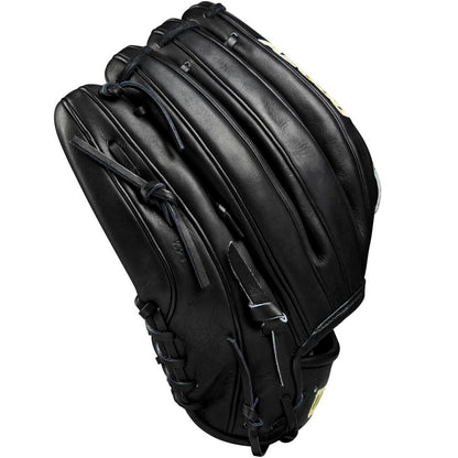 The Wilson A2000 DW5 12" Baseball Glove (WBW10207712) is shown upright, highlighting its detailed stitching, laces, and textured Pro Stock leather surface with a sleek black finish.